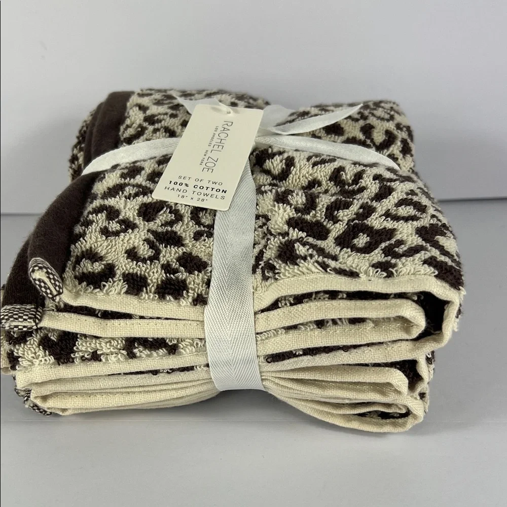 2 Pc Rachel Zoe Leopard Cheetah Animal Print Bath Hand Towels 100% Cotton NEW
